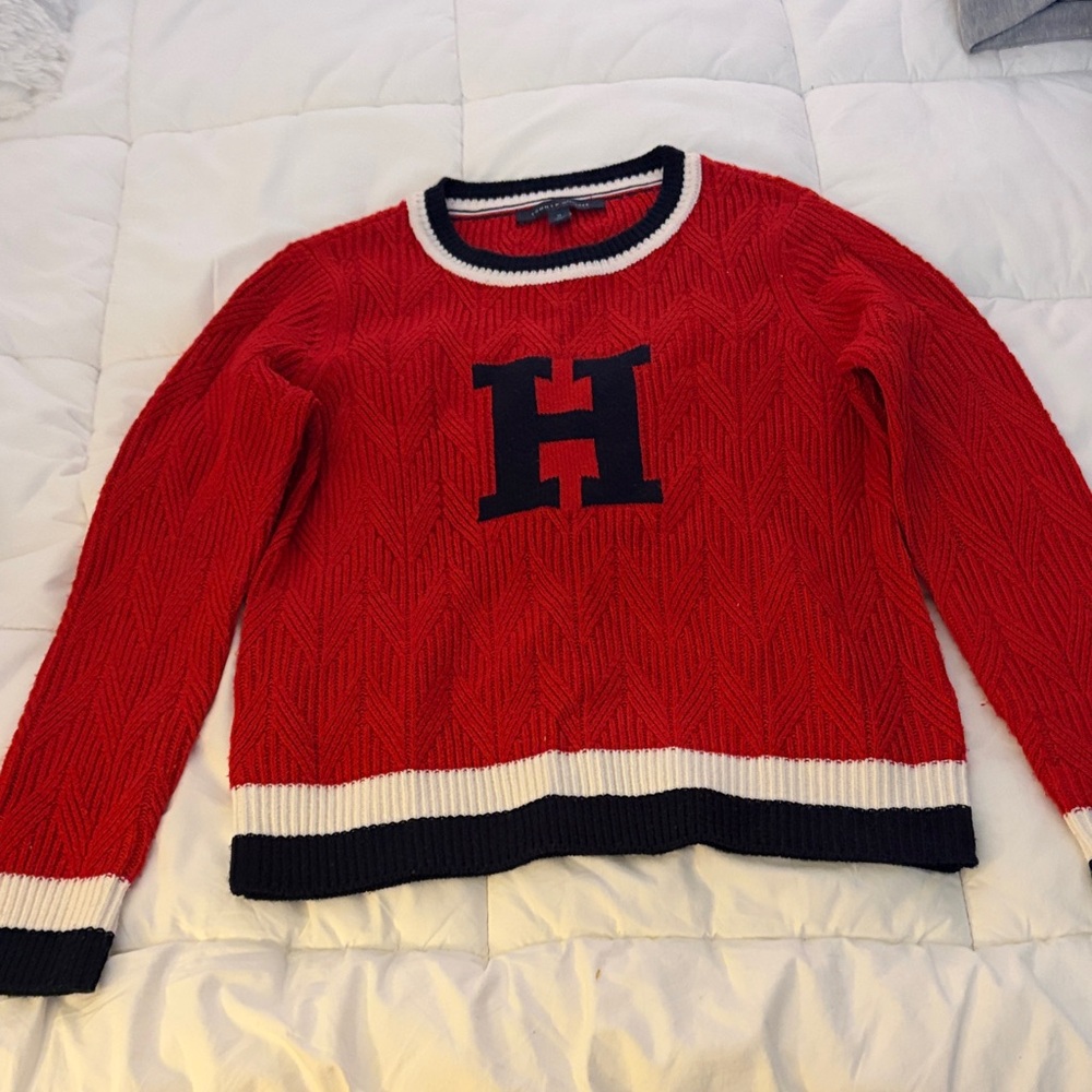Red Cable-Knit Crewneck Sweater with Navy 'H' Detail